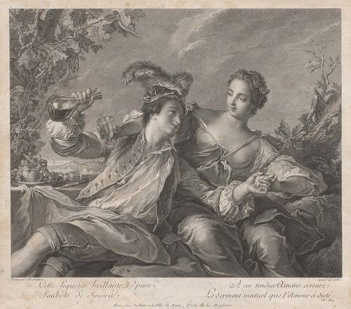 Die Liebenden (L'alliance de l'amour et du vin), Kupferstich nach Jean-Marc Nattier, 1751, Gleimhaus – Museum der deutschen Aufklärung